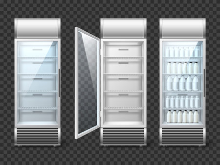 Realistic fridge with drinks. Supermarket equipment, empty and full store vertical refrigerator, bottles with blank objects, open and closed glass door, 3d isolated elements, utter vector setのイラスト素材
