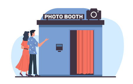 Man offers woman to take cards together in photo booth. Happy romantic hugging couple, celebrating relationship anniversary, entertainment on date cartoon flat isolated vector conceptのイラスト素材