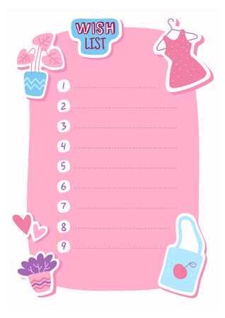 Planner paper. Wish list, frame for text with numbers, cute dress and shopper bag, flowers in pots, blank reminder page for diary card, organizer notepaper template. Cartoon vector illustrationのイラスト素材