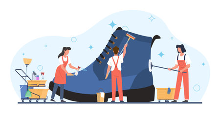 Concept of shoe shine services, little people shine footwear. Tiny men and women cleaning and washing huge boots. Professional cosmetics for leather, vector cartoon flat isolated illustrationのイラスト素材