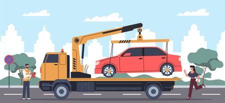 Evacuation service picks up car. Illegal parking, woman rushes to scene, cityscape, traffic situation, violation, automobile tow, roadside assistance nowaday vector cartoon flat conceptのイラスト素材