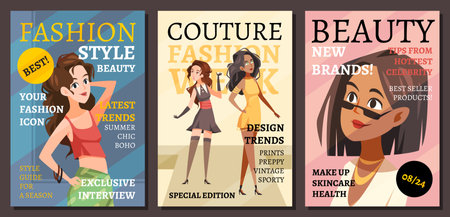 Fashion magazine covers. Smiling models in beautiful designer clothes, catwalk show, glamorous poses, elegant summer outfit, cartoon modern female characters, flyer or banner, tidy vector setのイラスト素材