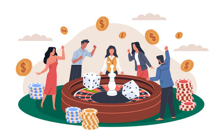 Happy roulette winners. Casino visitors, fortune favorites, people betting, gamblers play, cash winnings, jackpot, golden coins and chips, two dice, nowaday vector cartoon flat isolated conceptのイラスト素材