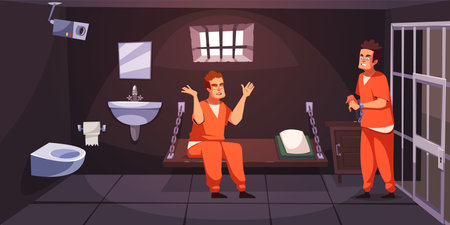 Prisoners in cell. Criminals serving punitive sentence, guys in orange jumpsuits, prison interior, bunk, bars and latrine. Life in jailhouse, arrested convict men tidy vector cartoon conceptのイラスト素材