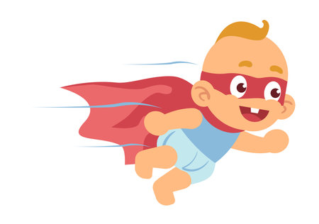 Baby superhero, little boy in red cape and mask flying. Super hero kid in diaper, justice fighter in cape speed running. Cartoon flat style isolated on white background vector conceptのイラスト素材
