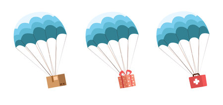 Concept of an online delivery service for freight, cardboard container, gifts and medical care. Boxes fly by parachute. Falling parcels, express shipping. Cartoon flat style vector setのイラスト素材