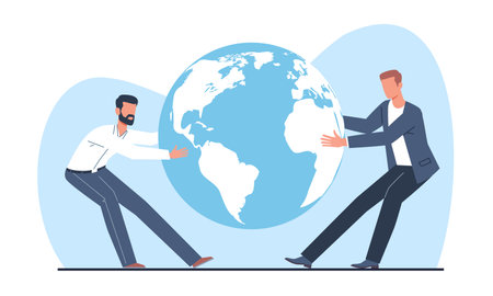 Concept of competition for title of world leader, two people tugging planet earth. Men and country confrontation. opposition views, fight, conflict or war. Vector cartoon flat illustrationのイラスト素材
