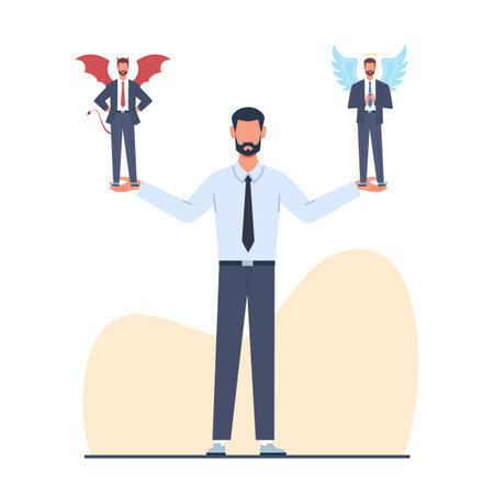 Concept of disagreement in decision making, confused businessman doesnt know which direction to take. Devil and angel advice, right and wrong action, moral choice. Vector cartoon illustrationのイラスト素材