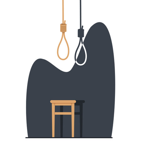 Concept of stalemate and deadlock, stool and knot for hanging. Loop deaf, scaffold node, Lynch loop, tightens noose. Mental illness, depression. Cartoon flat isolated vector suicide illustrationのイラスト素材