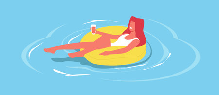 Relaxed young woman with cocktail in hand floats in pool on rubber inflatable lap. Summer vibes. Leisure time on vacations. Happy girl in water swimming, cartoon flat isolated vector conceptのイラスト素材