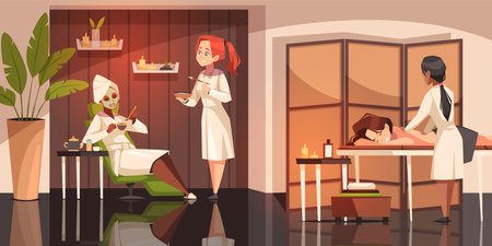 Beautiful women in beauty spa center. Cosmetology and skin care, professional massage therapist and beautician at work, face mask, cartoon flat isolated illustration tidy vector conceptのイラスト素材