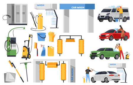 Cartoon car wash elements. Owners take care of vehicles, brushes, vacuum cleaners, rolls and automatic machines with water, man and woman cleaning automobile, tidy vector flat isolated setのイラスト素材