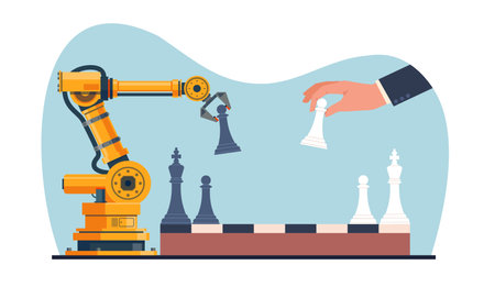 Concept of artificial intelligence, robot and human playing chess. Future technologies, machine learning, advanced smart systems. Ai strategy board game cartoon flat isolated vector illustrationのイラスト素材