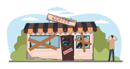 Concept of small business problems, cafe owner standing in front of ruined and abandoned building. Closed coffee shop, economic financial crisis. Vector bankrupt cartoon flat illustrationのイラスト素材
