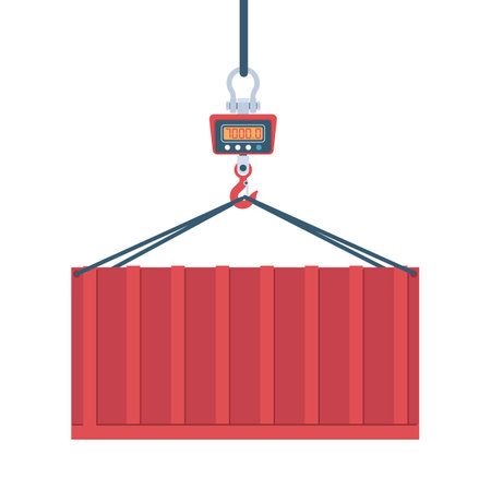 Electronic scales for weighing large items are suspended from container weighing crane. warehouse equipment for measurement, delivery storage cartoon flat style isolated vector conceptのイラスト素材