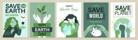 Earth day cards. Global world saving posters, ecology and environment care, cute girl hugs planet, green energy, support plants, poster template, tidy vector cartoon flat isolated eco bio setのイラスト素材