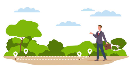 Manager offers for sale plot of land. Real estate agent. Empty area for construction. Place with boundary line to show location. Rent or buy property. Cartoon flat style vector conceptのイラスト素材