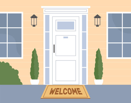 Street view of front door of house, with flower pots, lanterns and entrance mat. Hospitality symbol. Home facade minimal style. Architecture building. Cartoon flat isolated ector conceptのイラスト素材