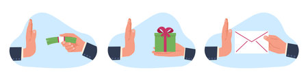 Concept of corruption and venality, hand of businessman refusing offered money and gifts. Businessman does not accept cash in envelope. Illegal profit. Vector cartoon flat illustrationのイラスト素材