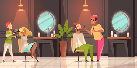 Happy people in barbershop. Cartoon visitors at hairdressers, cute man and woman sitting in beauty salon, professionals work. Barbers haircutting and making hairstyles tidy vector conceptのイラスト素材