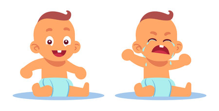 Joyful and crying baby. Newborn boy sitting on floor in diaper. Happy and sad kid. Caucasian toddler. Child different emotions. Cartoon flat isolated illustration. Vector childhood conceptのイラスト素材