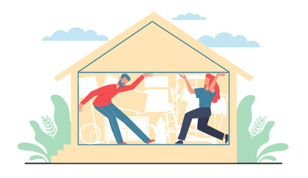 Male and female couple unhappy with size of their home, crammed into very small apartment. Frustrated man and woman in tiny house. Cartoon flat illustration. Vector real estate conceptのイラスト素材