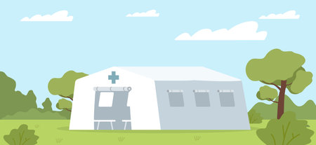 Medical portable tent for first aid to people on green field. Hospital mobile unit for patients. Emergency station, camping equipment, disaster relief. Cartoon flat isolated vector conceptのイラスト素材