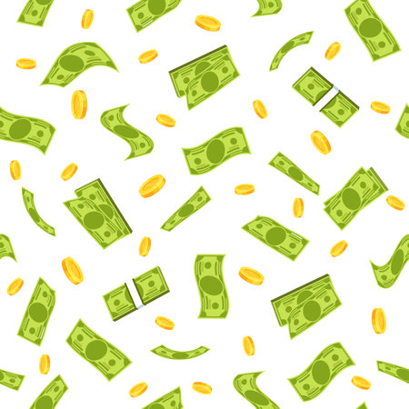 Seamless pattern with bundles of money and coins. Financial background, flying elements on white background. Decor textile, wrapping paper, wallpaper design. Print for fabric. Vector conceptのイラスト素材