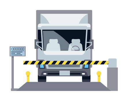Truck on special scales. Control station building. Warehouse checkpoint. Cargo transport, measurement equipment. Logistic industry. Delivery cartoon flat style isolated vector conceptのイラスト素材