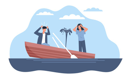 Rowboat is sinking, man and woman are scared and dont know what to do. Dangerous situation in ocean. Crisis in relationships or family budget. Cartoon flat style isolated vector conceptのイラスト素材