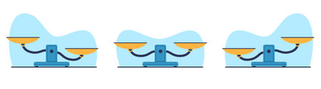 Set of scales with different bowl positions. Libra symbol, balance sign. Measuring device with empty plates. Comparison and decision. Cartoon flat style isolated illustration. Vector conceptのイラスト素材