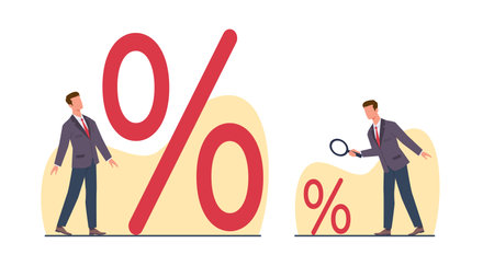 Businessman looks at small and large percent sign. Huge and tiny investment income. Salary increases, bond profit. Man with percentage symbol. Cartoon flat style isolated vector conceptのイラスト素材