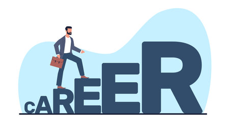 Career advancement concept, businessman rises up through series of letter steps. Path to achieving goals, employee motivation. Ambition on work. Vector cartoon flat isolated illustrationのイラスト素材