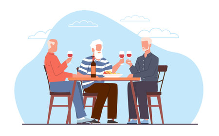 Concept of elderly friends vacationing, grandfathers sitting at table in cafe, drinking wine and talking. Senior people in cafe drink alcohol. Vector cartoon flat isolated pensioner illustrationのイラスト素材