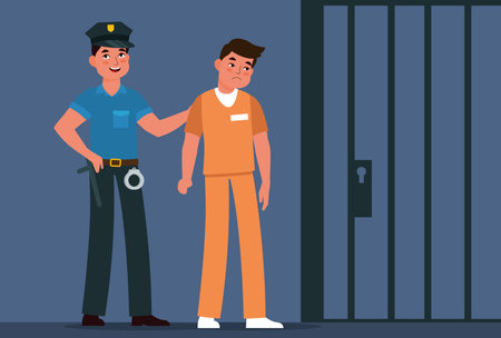 Jailer leads convict to prison cell. Policeman and prisoner in handcuff near jail. Jailhouse cage lattice. Punishment system. Cartoon flat style vector imprisoning lawbreakers conceptのイラスト素材