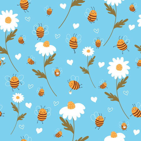 Seamless pattern with bees and daisies. Yellow cute striped insect and white chamomile. Happy honeybee characters. Decor textile, wrapping paper, wallpaper design. Vector conceptのイラスト素材