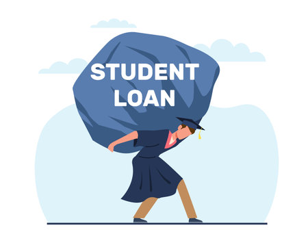 Student loan, man in graduated suit holding heavy student loan rock. Expensive cost for education. Credit for university or college. Cartoon flat style isolated illustration. Vector conceptのイラスト素材