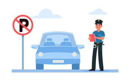 Police officer writes ticket for parking car in area where parking is prohibited. City transport traffic rules. Automobile stop road sign. Cartoon flat style isolated vector conceptのイラスト素材
