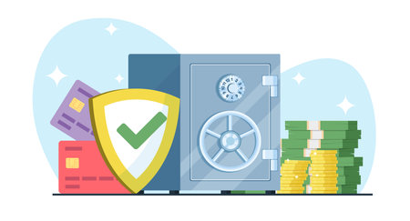 Savings protection concept, locked safe with stack of coins and bills, bank cards, shield. Protect your money. Deposit insurance. Save wealth. Cartoon flat isolated vector finance illustrationのイラスト素材