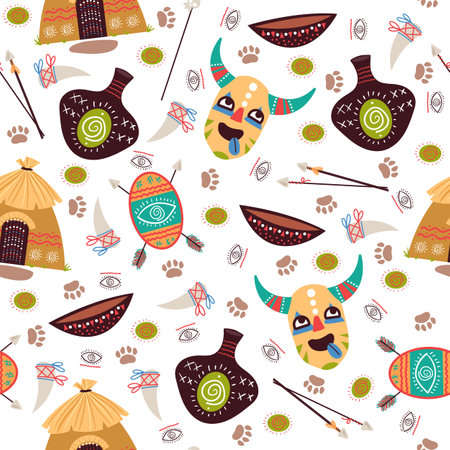 Seamless pattern with elements of African culture. Ethnic background. Mask and vase. Decor textile, wrapping paper, wallpaper design. Print for fabric. Cartoon flat style vector conceptのイラスト素材