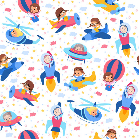 Seamless pattern with kids in airplanes and rockets. Space and sky adventures. Childish nursery decorative background. Decor textile, wrapping paper, wallpaper design. Vector conceptのイラスト素材