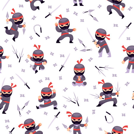 Seamless pattern with little ninja warriors. Decor textile, wrapping paper, wallpaper design. Print for fabric. Asian assassin with weapon, nunchucks and shurikens. Cartoon flat vector conceptのイラスト素材