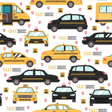 Seamless pattern with taxi cars. City transport. Yellow and black auto. Decor textile, wrapping paper, wallpaper design. Print for fabric. Cartoon flat style isolated vector conceptのイラスト素材