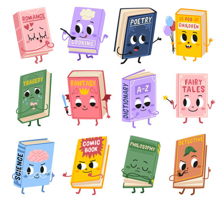 Cartoon funny books characters. Cute kids mascots with different emotions, various genres literary volumes, smiling faces. Poetry and fairy tales. Detective and romance. Tidy vector setのイラスト素材