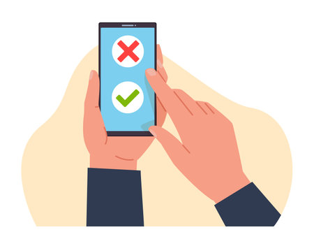 Concept of reviews and ratings, hands hold smartphone with like and dislike icons. Social network and media on mobile phone, giving rate. Customer feedback. Vector cartoon flat illustrationのイラスト素材