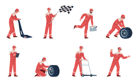 Cartoon racing engineers. Flat pit stop workers, cars mechanics in team uniform, professional technicians and engineers on extreme rally, driver crew on championship, nowaday vector setのイラスト素材