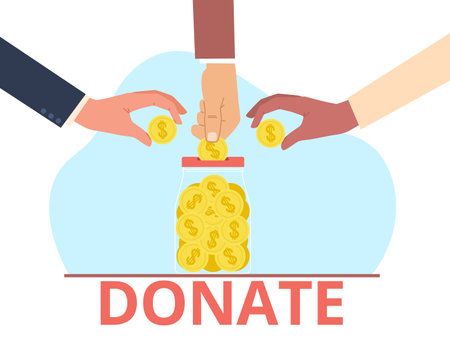 Concept of donation, charity, hands dropping coins into glass jar. Humanitarian assistance, sponsor giving money. Empathy and help. Vector cartoon flat style isolated altruism illustrationのイラスト素材