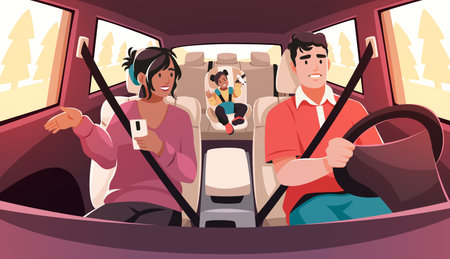 Happy family in car. People sitting in cars driving, kid in child seat, parents and daughter traveling, summer vacation, automobile interior, cartoon flat isolated tidy vector conceptのイラスト素材