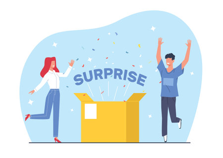 Happy people with gift, surprise box with confetti, guy and girl rejoicing over present they received. Fortune game prize. Sale lottery card. Cartoon flat style isolated vector conceptのイラスト素材