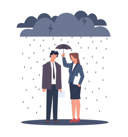 Small financial cushion, drenched businessmen with small umbrella to protect them from heavy downpour. Unhappy poor people in economical crisis cartoon flat isolated illustration. Vector conceptのイラスト素材